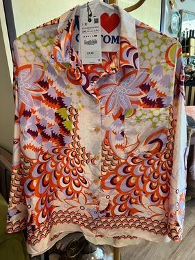Zara Multicolor Abstract Floral Button-Up Shirt - Orange, Purple & Pink